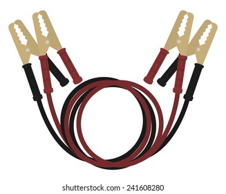 Car jumper power cables. Red and black wire, cooper clamps. Color vector no outline illustration isolated on white  svg