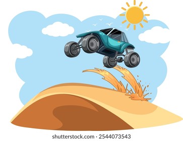 Car jumping over sand dune under sun