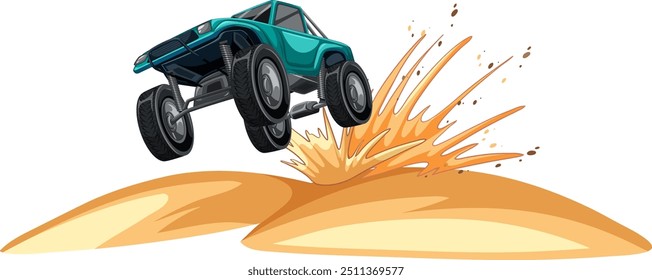 A car jumps over sandy dunes