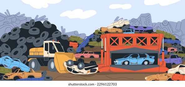 Car junkyard with old used autos dump, heap. Junk yard, broken abandoned automobiles. Crushed rusty transport garbage, trash, tyres, vehicle bodies utilization at scrapyard. Flat vector illustration