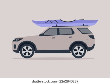 A car with a kayak on the rooftop, active outdoor sports, summer adventures