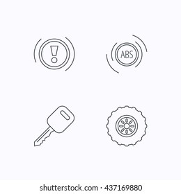 Car key, abs and wheel icons. Warning ABS, attention linear signs. Flat linear icons on white background. Vector