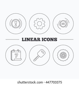 Car key, abs and wheel icons. Warning ABS, attention linear signs. Flat cogwheel and calendar symbols. Linear icons in circle buttons. Vector
