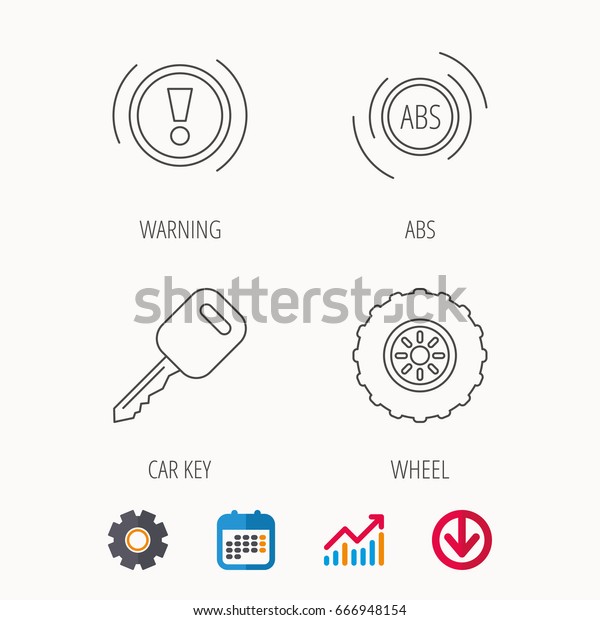 Car key, abs and wheel icons. Warning ABS,\
attention linear signs. Calendar, Graph chart and Cogwheel signs.\
Download colored web icon.\
Vector