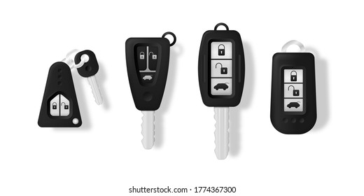 Llave de coche y sistema de alarma. Claves de coche aisladas en un fondo blanco. 3.ª burla realista. Ilustración vectorial, eps 10.