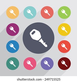 car key circle, flat icons set. Round colorful buttons 
