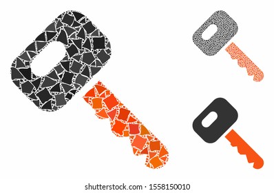 Car key composition of abrupt parts in variable sizes and color tinges, based on car key icon. Vector abrupt dots are united into composition. Car key icons collage with dotted pattern.