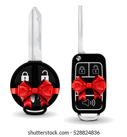 Car key in a decorative wrapping. Red ribbon bow. Vector illustration isolated on white background