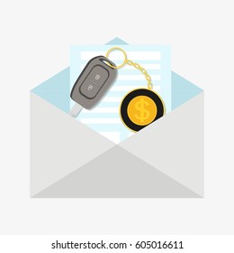 Car key with dollar trinket in envelope. Flat vector illustration isolated on white background