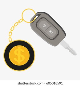 Car key with dollar trinket. Flat vector illustration isolated on white background