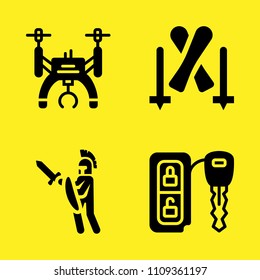 car key, drone, warrior and skiing vector icon set. Sample icons set for web and graphic design