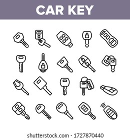 Car Key Equipment Collection Icons Set Vector. Car Key Device Different Style, With Buttons And Trinket, Lock And Open Padlock Concept Linear Pictograms. Monochrome Contour Illustrations