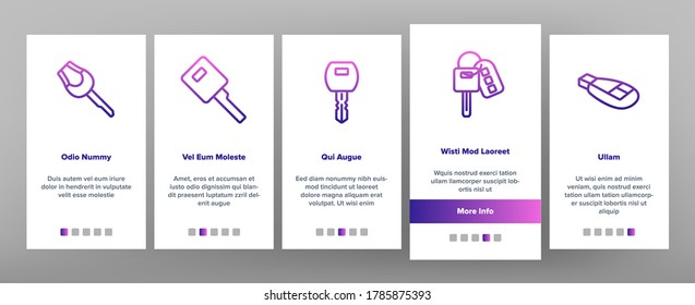 Car Key Equipment Onboarding Mobile App Page Screen Vector. Car Key Device Different Style, With Buttons And Trinket, Lock And Open Padlock Illustrations