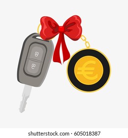 Car key Euro with red ribbon. Gift concept. Isolated on white background. Flat vector stock illustration