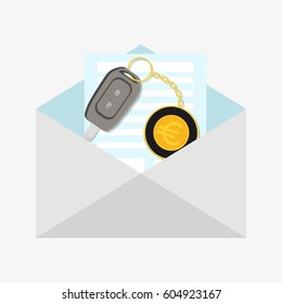 Car key with euro trinket in envelope. Flat vector illustration isolated on white background