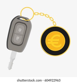 Car key with euro trinket. Flat vector illustration isolated on white background