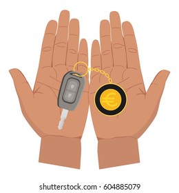 Car key with euro trinket on hands. Flat vector illustration isolated on white background