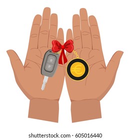 Car key with euro trinket and red ribbon in hands. Flat vector illustration isolated on white background