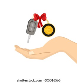 Car key with euro trinket and red ribbon. Gift car concept. Flat vector illustration isolated on white background