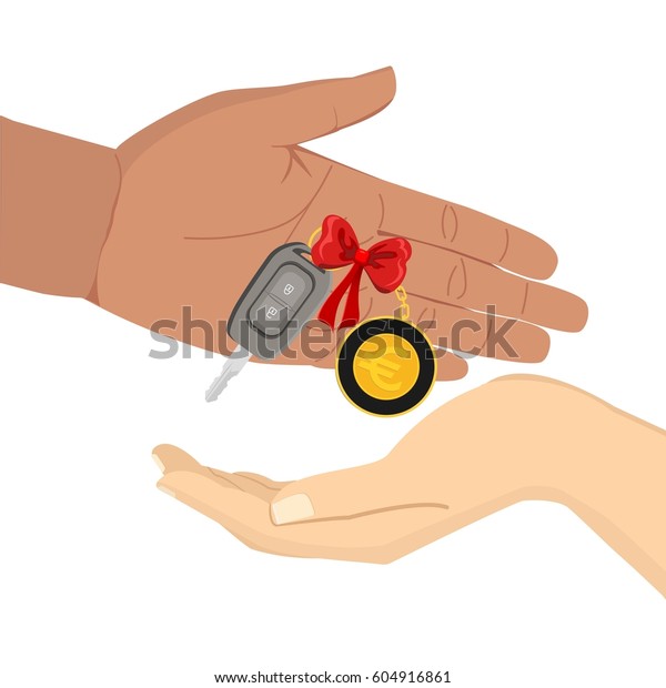 Car key with euro trinket and red\
ribbon. Hand gives remote key to another hand. Gift concept. Flat\
vector illustration isolated on white\
background