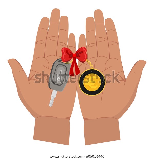 Car key with\
euro trinket and red ribbon in hands. Flat vector illustration\
isolated on white\
background
