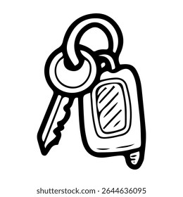 Car key fob. Hand drawn doodle vector. Electronic device for remote control of vehicle. Opening and closing auto doors. Device for starting engine. Illustration line art element.