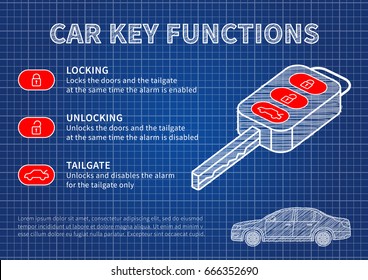 Car key functions blue print vector illustration. Auto key features (locking, unlocking, tailgate) creative concept.
