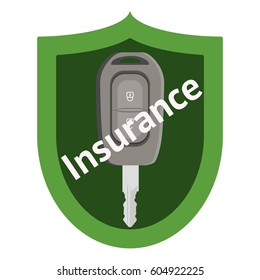 Car key in green insurance shield. Flat vector illustration.