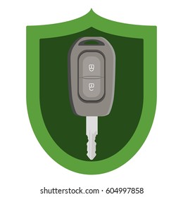 Car key in green insurance shield. Flat vector illustration.
