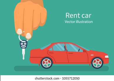 Car key in hand. Vector illustration flat design. Vehicle isolated on background. Maybe as a template for the sale, purchase, rental, presentation. Give, show keys.