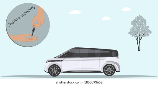  Car  and key from hand to hand. Vector illustration. Sharing Economy Design Concept svg