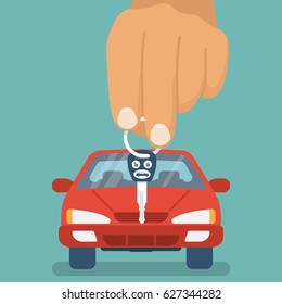 Car key in hand. Vector illustration flat design. Red vehicle Isolated on background. Maybe as a template for the sale, purchase, rental, presentation. Give, show keys.