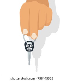 Car key in hand. Vector illustration flat design. Isolated on white background. Maybe as a template for the sale, purchase, rental, presentation. Give, show keys.
