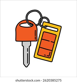 Car Key Handdrawn style, red key and yellow tag set, great for car rental visuals automotive service icons and driving license concepts