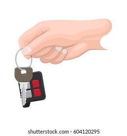 Car key hanging on keyring in human hand flat vector isolated on white background. Man hand holding modern vehicle key with remote alarm illustration for buying new auto or secure access concept