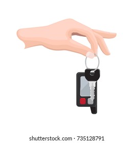 Car key hanging on keyring in human hand flat vector isolated on white background. Man hand holding modern vehicle key with remote alarm illustration for buying new auto or secure access concept