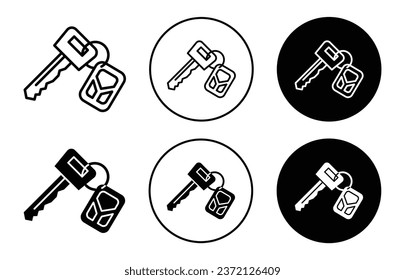 Car key icon. Automobile two or four wheeler vehicles wireless key symbol set. Home electronic key to open or close door vector sign. Car lock and unlock control key line logo