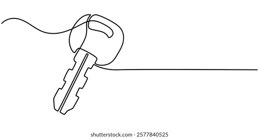 Car key icon continuous one line drawing of white background, Continuous line key isolated vector object - keys, Keys with Keychain Black Stroke Linear Icon, out line pro vector illustration.