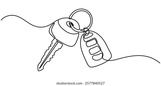 Car key icon continuous one line drawing of white background, Continuous line key isolated vector object - keys, Keys with Keychain Black Stroke Linear Icon, out line pro vector illustration.