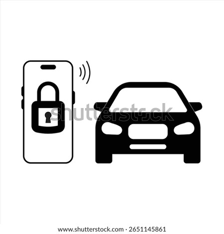 Car key icon on smartphone, using smart key app, automatic locking or unlocking of vehicle doors, NFC phone technology, auto close, thin line symbol on white background. vector illustration