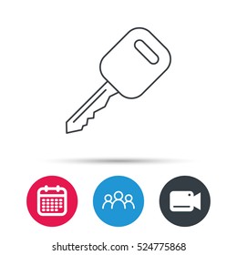 Car key icon. Transportat lock sign. Group of people, video cam and calendar icons. Vector