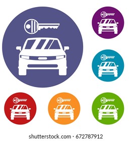 Car and key icons set in flat circle reb, blue and green color for web