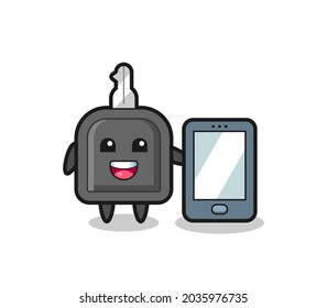 car key illustration cartoon holding a smartphone , cute style design for t shirt, sticker, logo element