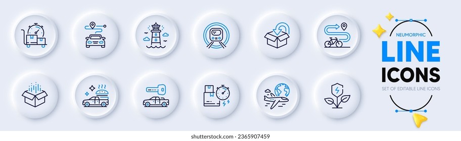 Car key, International flight and Return package line icons for web app. Pack of Journey, Food delivery, Delivery time pictogram icons. Eco power, Open box, Metro subway signs. Vector