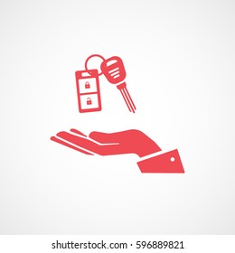 Car Key And Label On Hand Red Flat Icon On White Background