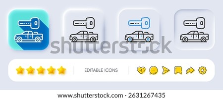 Car key line icon. Neumorphic, Flat shadow, 3d buttons. Rent transport sign. Buy new vehicle symbol. Line car key icon. Social media icons. Vector