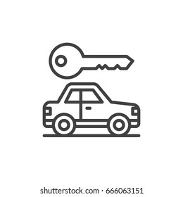Car and key line icon, outline vector sign, linear style pictogram isolated on white. Rent a car Symbol, logo illustration. Editable stroke. Pixel perfect graphics