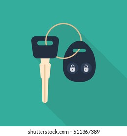 Car key with long shadow isolated on background. Car key closeup. Vector icon in flat style