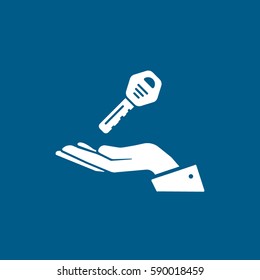 Car Key On Hand Flat Icon On Blue Background