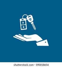 Car Key On Hand Flat Icon On Blue Background